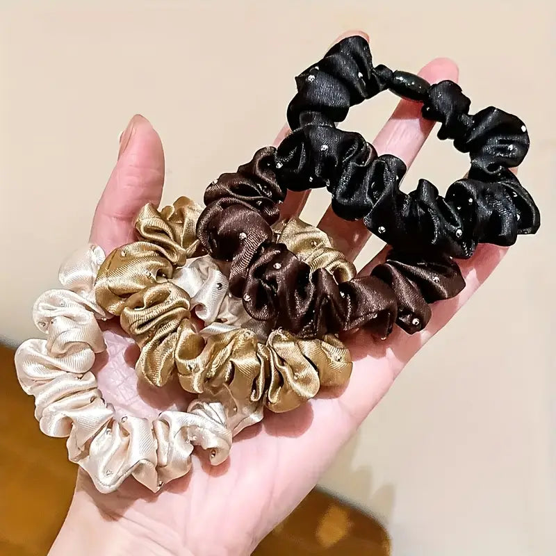 5pcs satin hair scrunchies with rhinestones