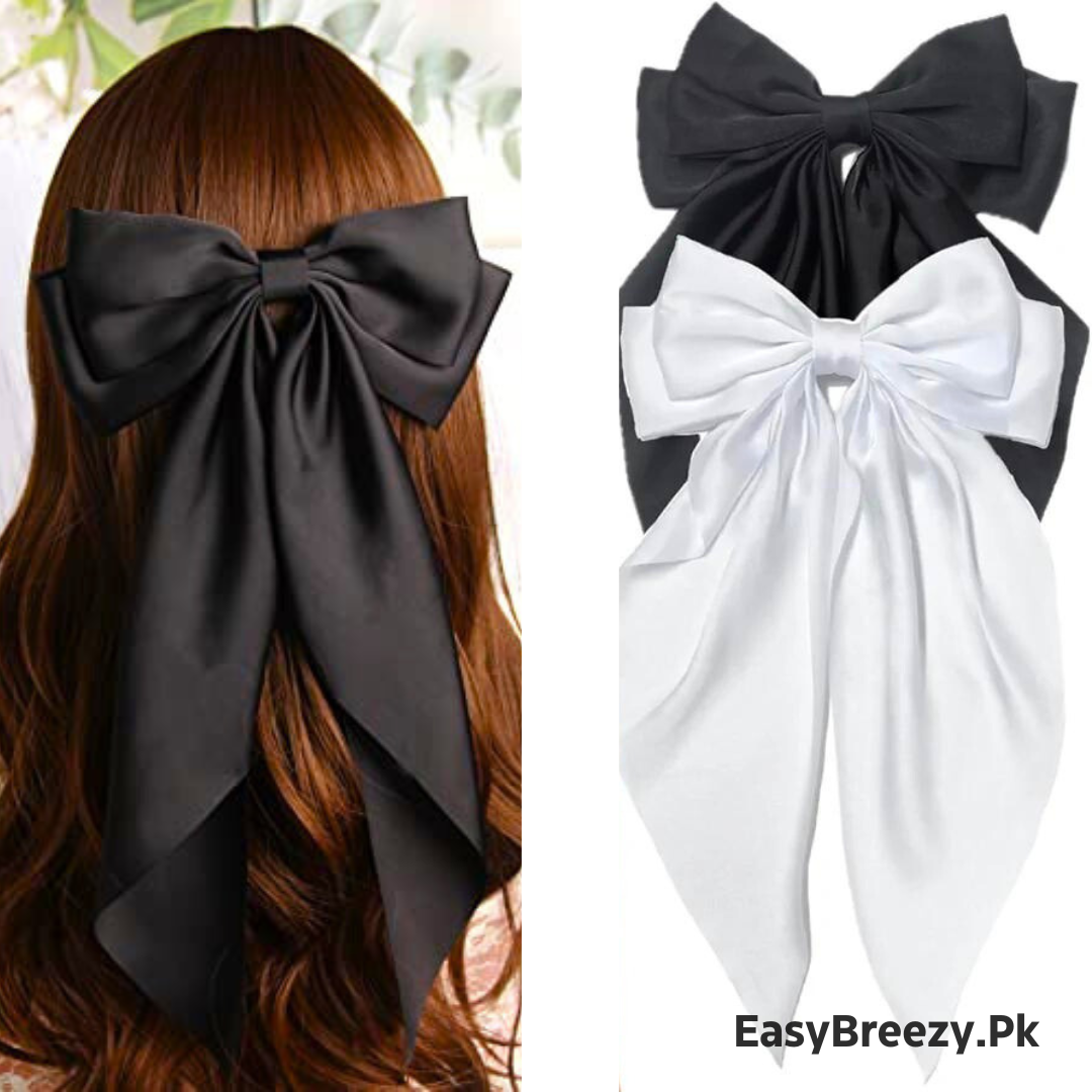 Pack of 2 Large Hair Bow Barrette (BLACK & WHITE)