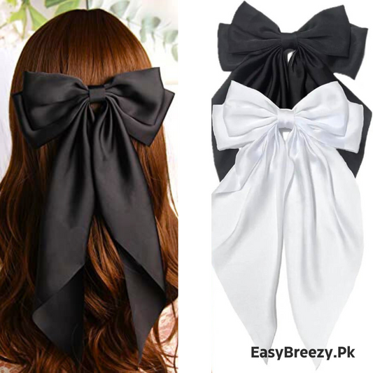 Pack of 2 Large Hair Bow Barrette (BLACK & WHITE)